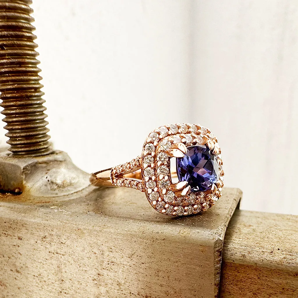 Show Stopping Square Diamond Halo Cushion Cut Tanzanite Rose Gold Ring