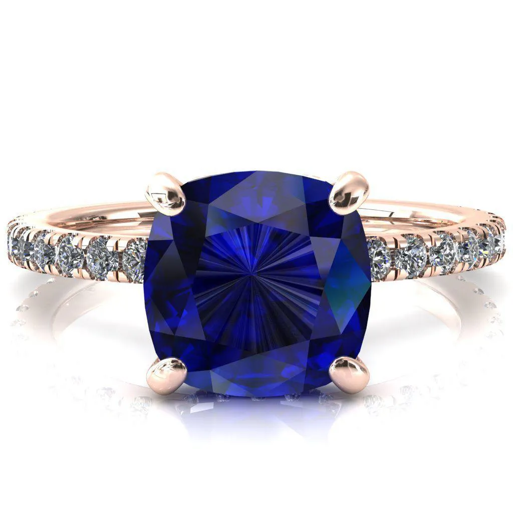 Sicili Cushion Blue Sapphire 4 Prong 3/4 Micro Pave Diamond Engagement Ring
