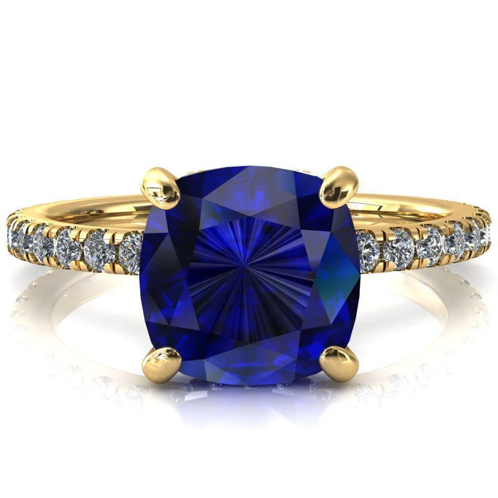 Sicili Cushion Blue Sapphire 4 Prong 3/4 Micro Pave Diamond Engagement Ring