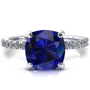 Sicili Cushion Blue Sapphire 4 Prong 3/4 Micro Pave Diamond Engagement Ring
