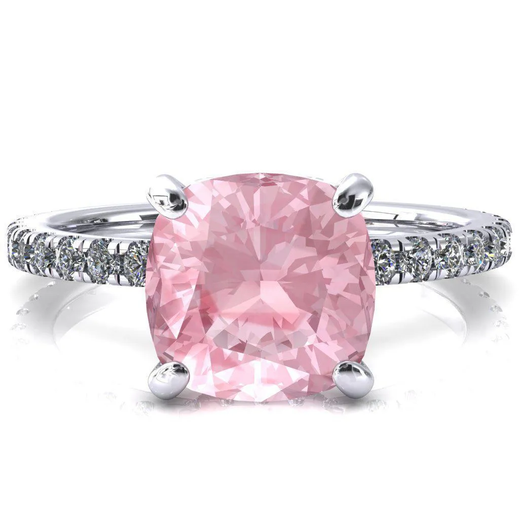 Sicili Cushion Pink Sapphire 4 Prong 3/4 Micro Pave Diamond Engagement Ring
