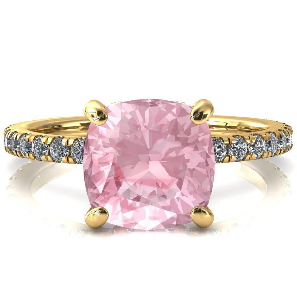 Sicili Cushion Pink Sapphire 4 Prong 3/4 Micro Pave Diamond Engagement Ring