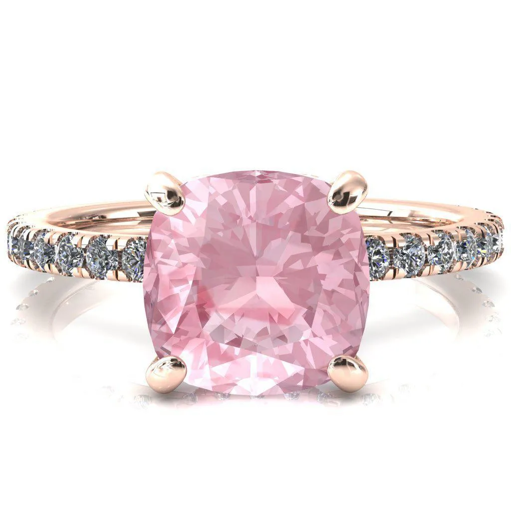 Sicili Cushion Pink Sapphire 4 Prong 3/4 Micro Pave Diamond Engagement Ring
