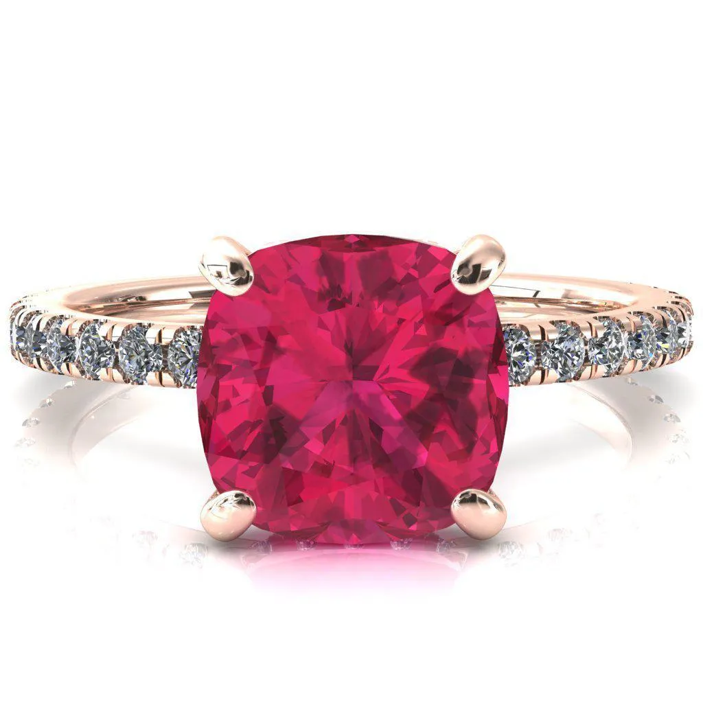 Sicili Cushion Ruby 4 Prong 3/4 Micro Pave Diamond Engagement Ring