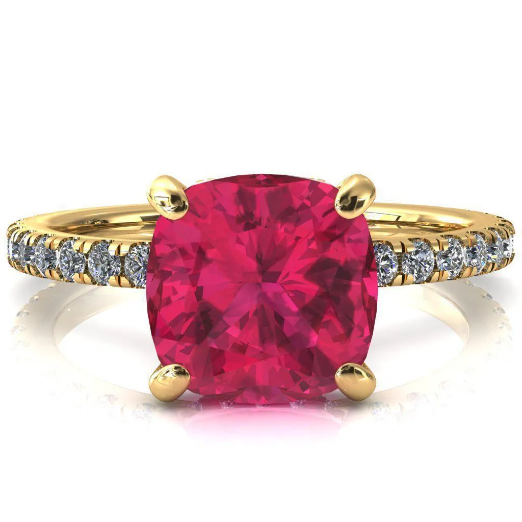 Sicili Cushion Ruby 4 Prong 3/4 Micro Pave Diamond Engagement Ring