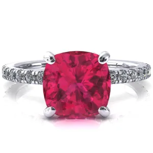 Sicili Cushion Ruby 4 Prong 3/4 Micro Pave Diamond Engagement Ring