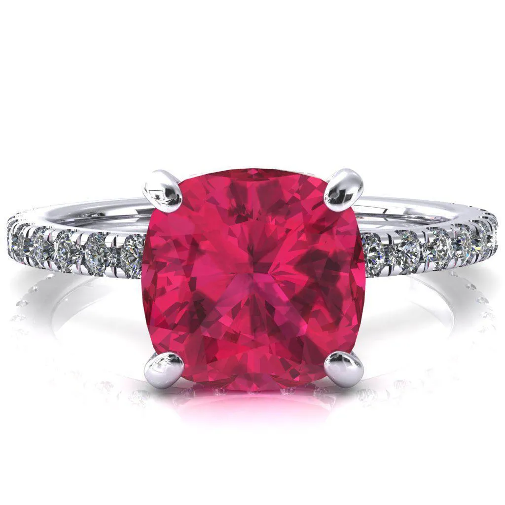 Sicili Cushion Ruby 4 Prong 3/4 Micro Pave Diamond Engagement Ring