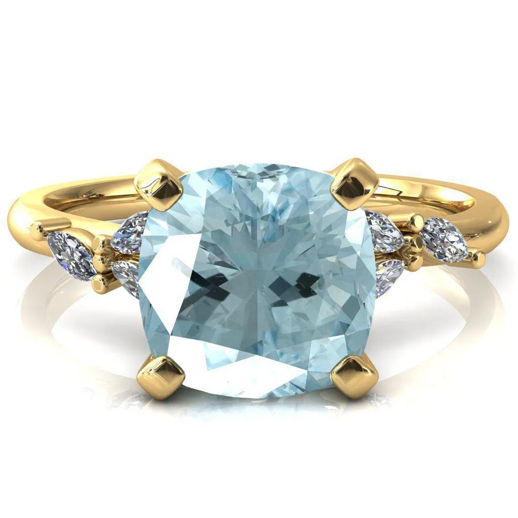 Sigrid Cushion Aqua Blue Spinel 4 Prong Marquise Diamond Side Ring