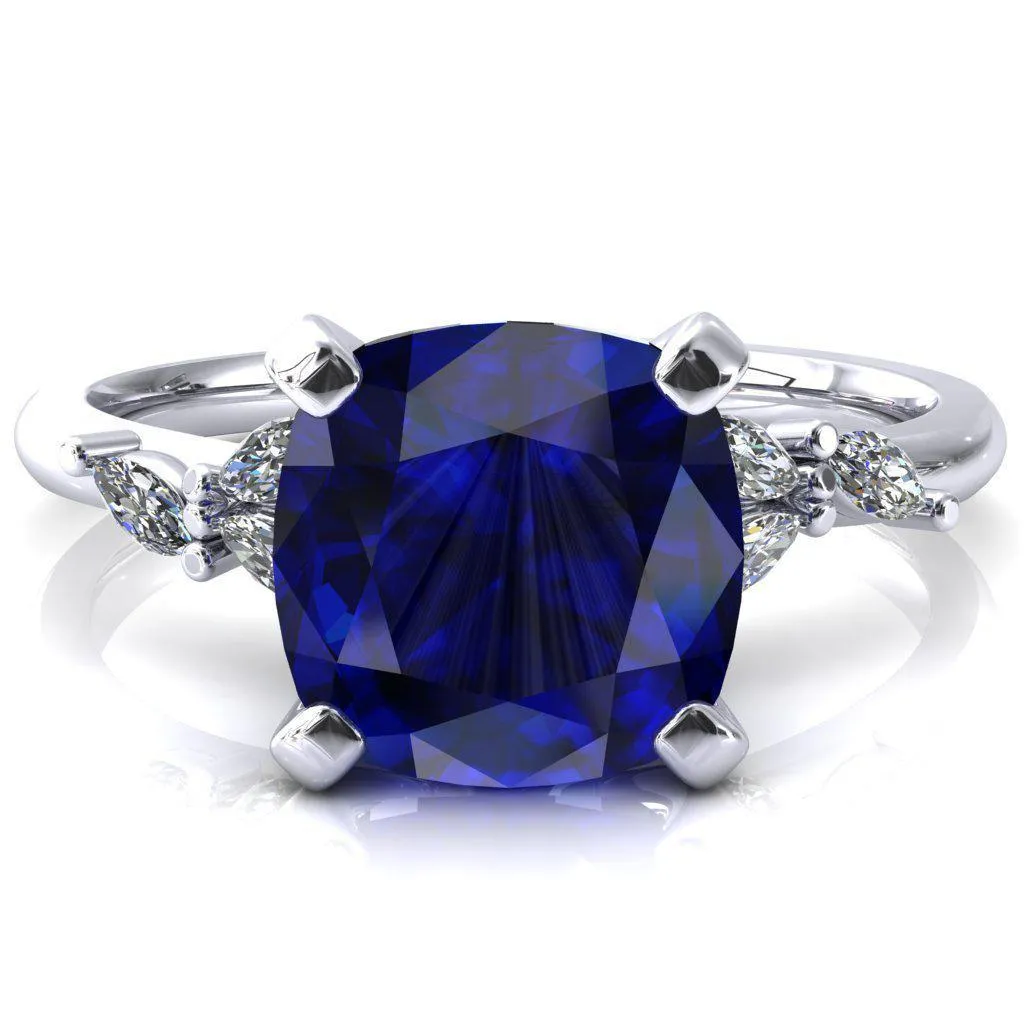 Sigrid Cushion Blue Sapphire 4 Prong Marquise Diamond Side Ring