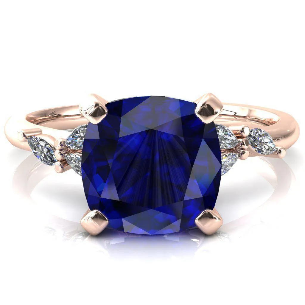 Sigrid Cushion Blue Sapphire 4 Prong Marquise Diamond Side Ring