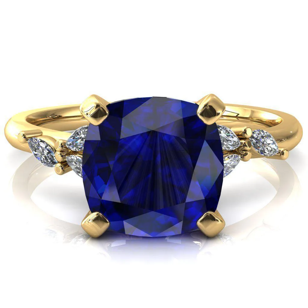 Sigrid Cushion Blue Sapphire 4 Prong Marquise Diamond Side Ring