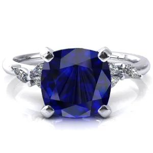 Sigrid Cushion Blue Sapphire 4 Prong Marquise Diamond Side Ring