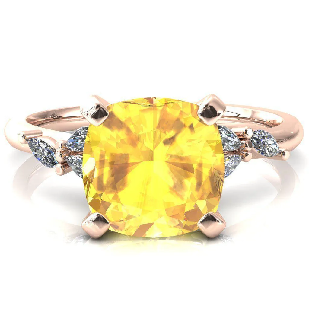 Sigrid Cushion Yellow Sapphire 4 Prong Marquise Diamond Side Ring