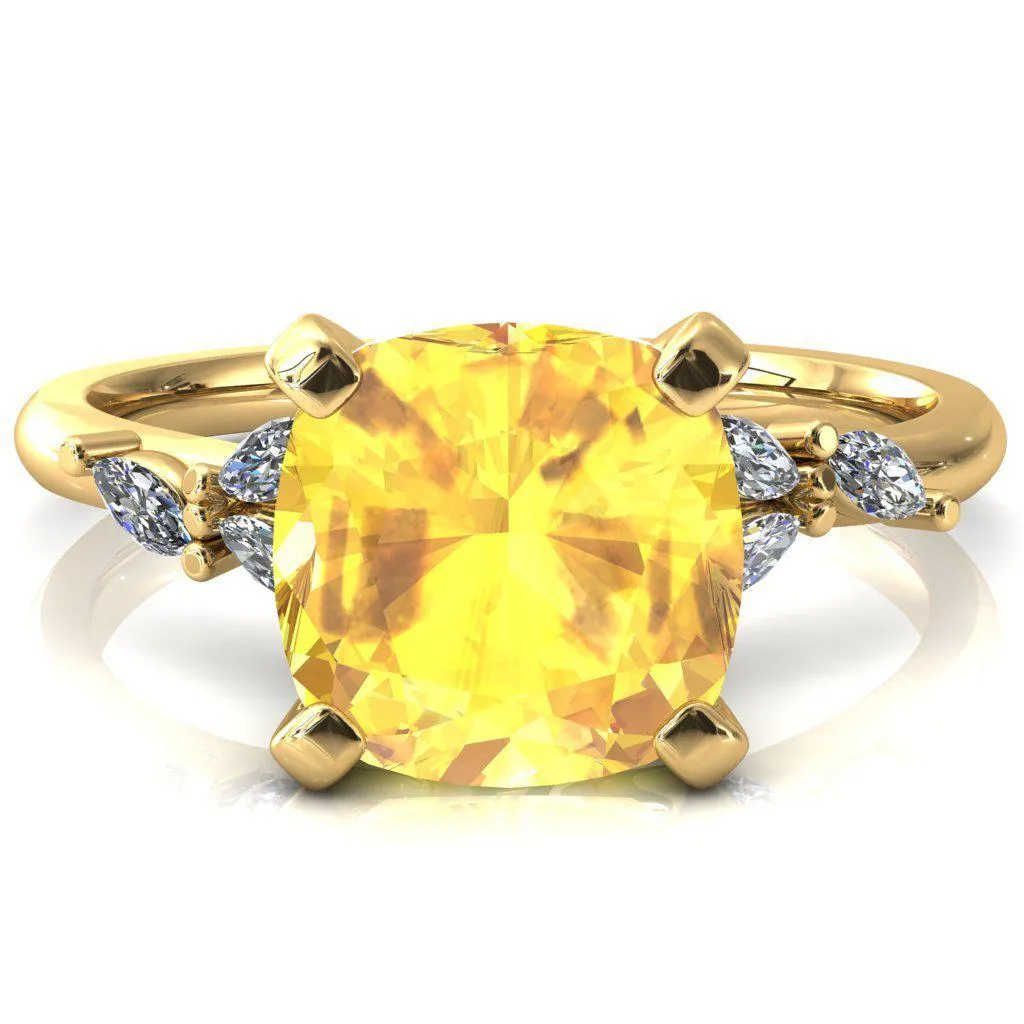 Sigrid Cushion Yellow Sapphire 4 Prong Marquise Diamond Side Ring