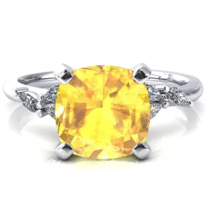 Sigrid Cushion Yellow Sapphire 4 Prong Marquise Diamond Side Ring