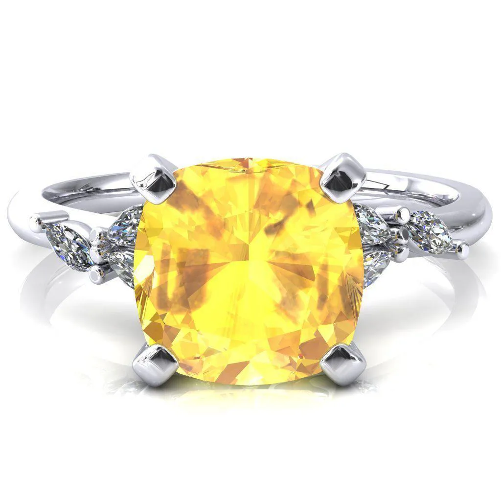 Sigrid Cushion Yellow Sapphire 4 Prong Marquise Diamond Side Ring