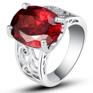 Silver Color Ring With Red Stone