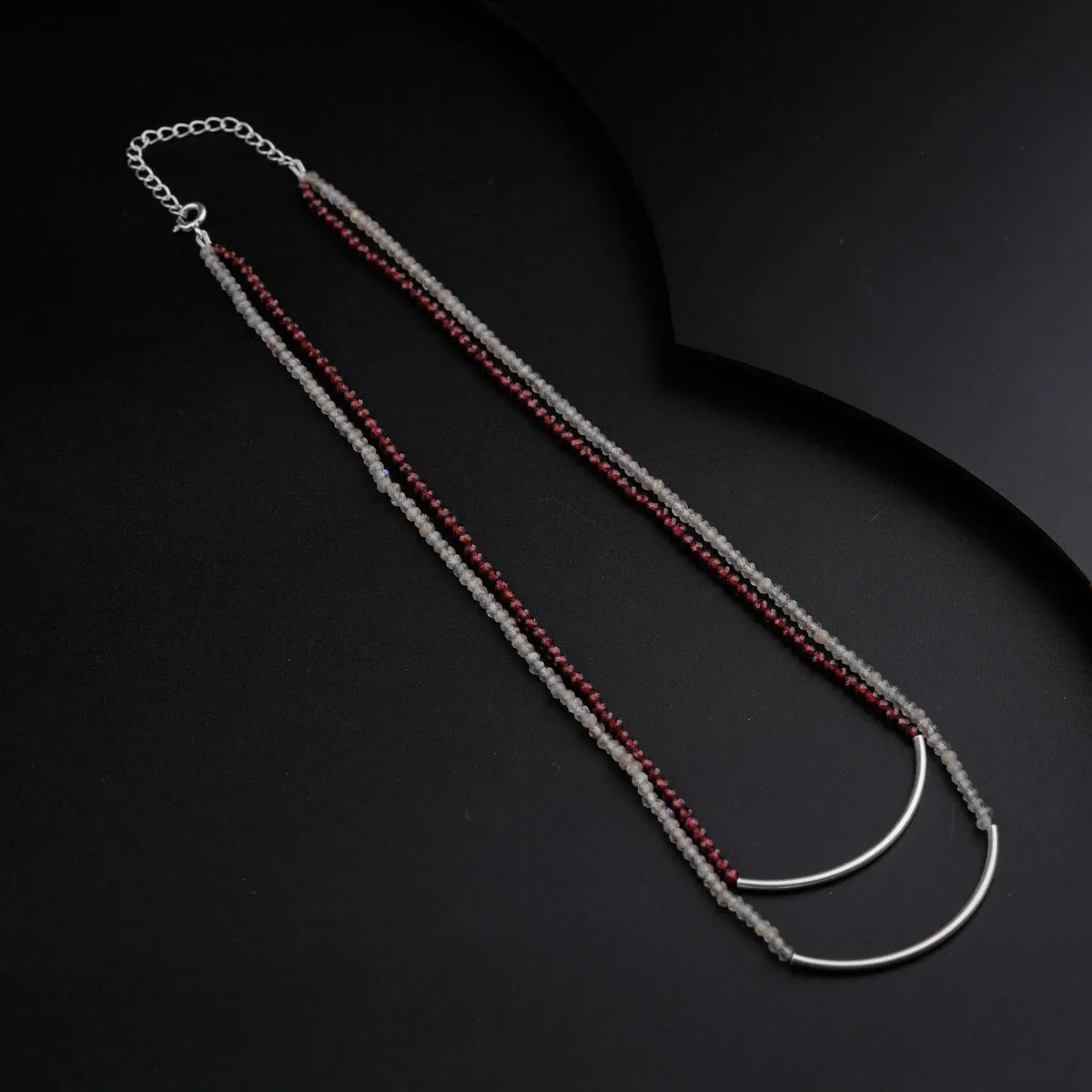Silver Double Layered Pipe Necklace with Labradorite and Garnet