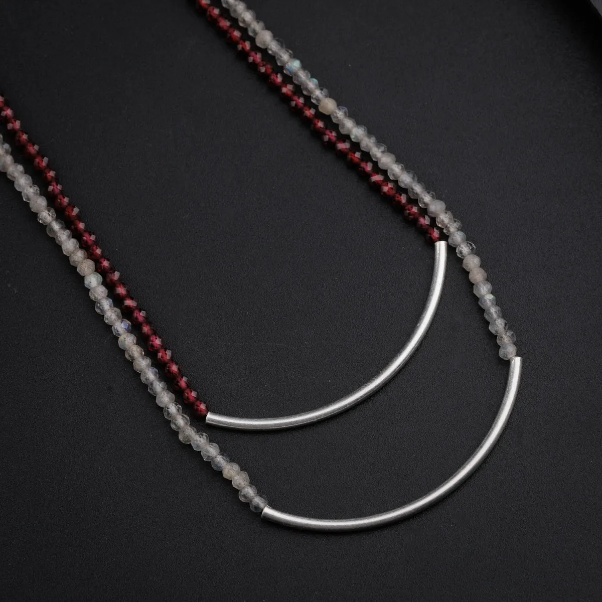 Silver Double Layered Pipe Necklace with Labradorite and Garnet