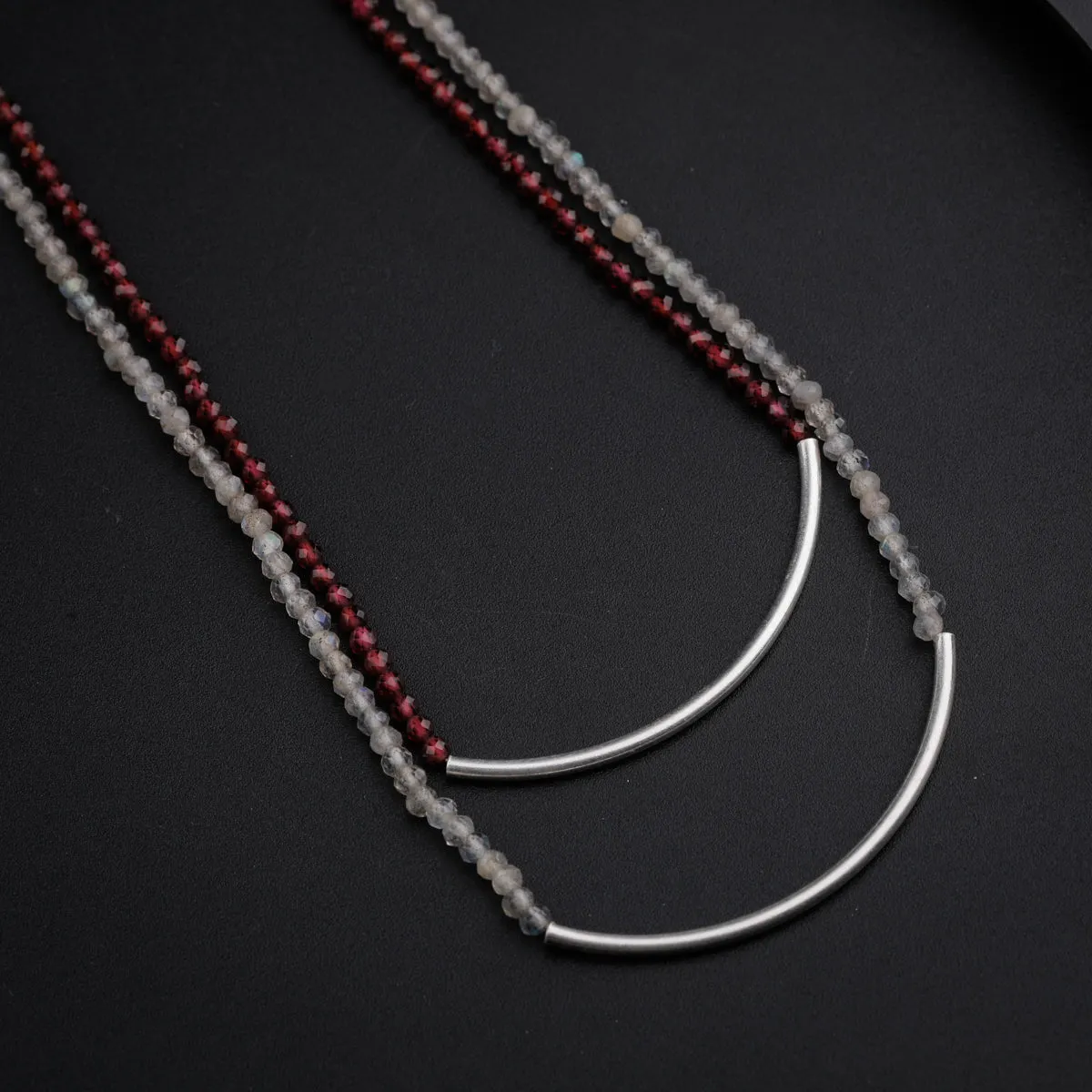 Silver Double Layered Pipe Necklace with Labradorite and Garnet