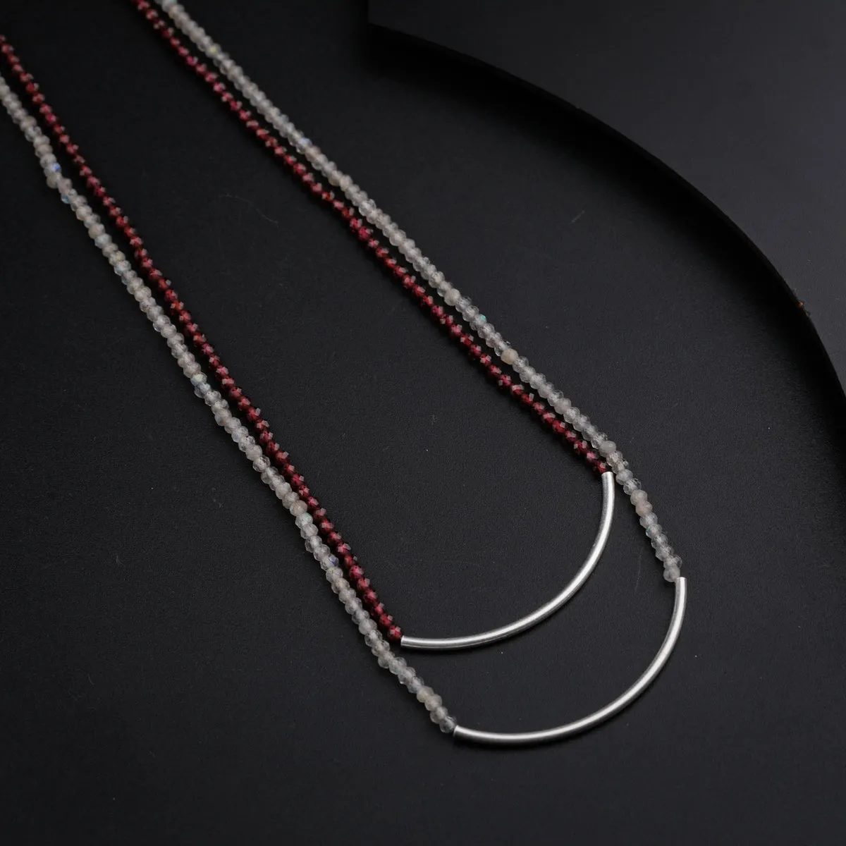 Silver Double Layered Pipe Necklace with Labradorite and Garnet