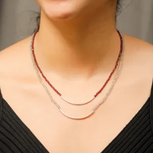 Silver Double Layered Pipe Necklace with Labradorite and Garnet