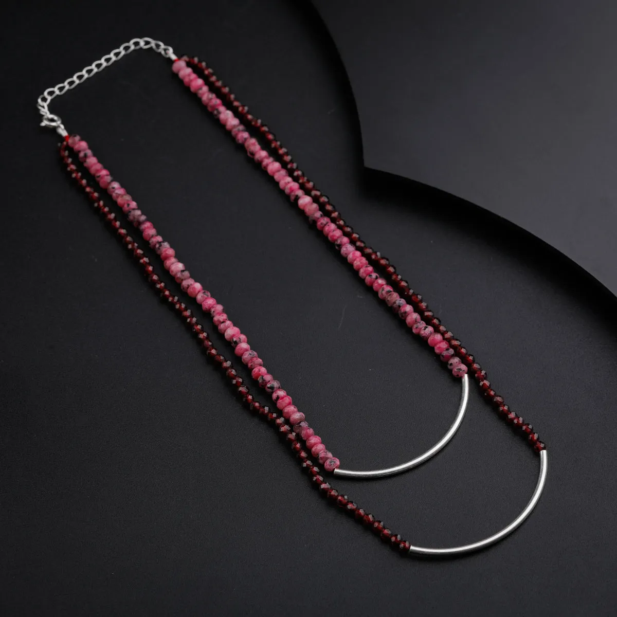 Silver Double Layered Pipe Necklace with Pink Sapphire and Garnet
