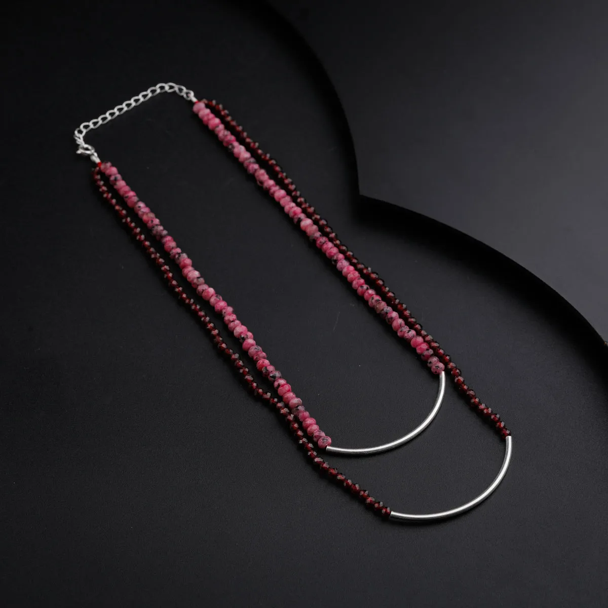 Silver Double Layered Pipe Necklace with Pink Sapphire and Garnet