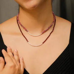 Silver Double Layered Pipe Necklace with Pink Sapphire and Garnet