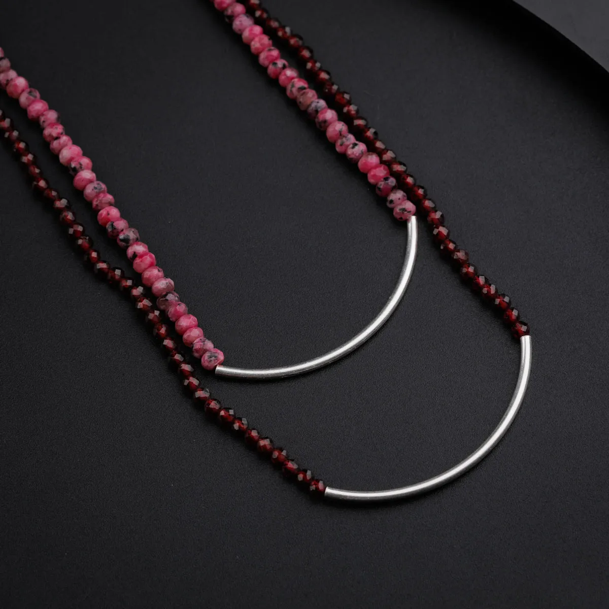 Silver Double Layered Pipe Necklace with Pink Sapphire and Garnet