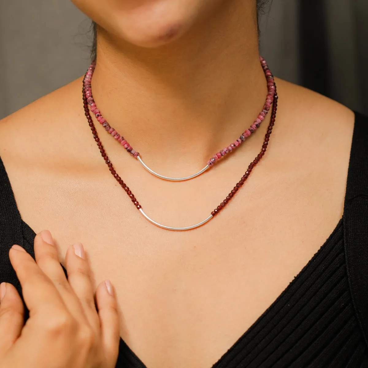 Silver Double Layered Pipe Necklace with Pink Sapphire and Garnet