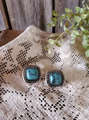 Silver Framed Turquoise Stud Earrings