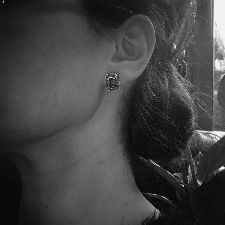 Silver Marcasite Sapphire Earrings Square Blue Crystal Studs
