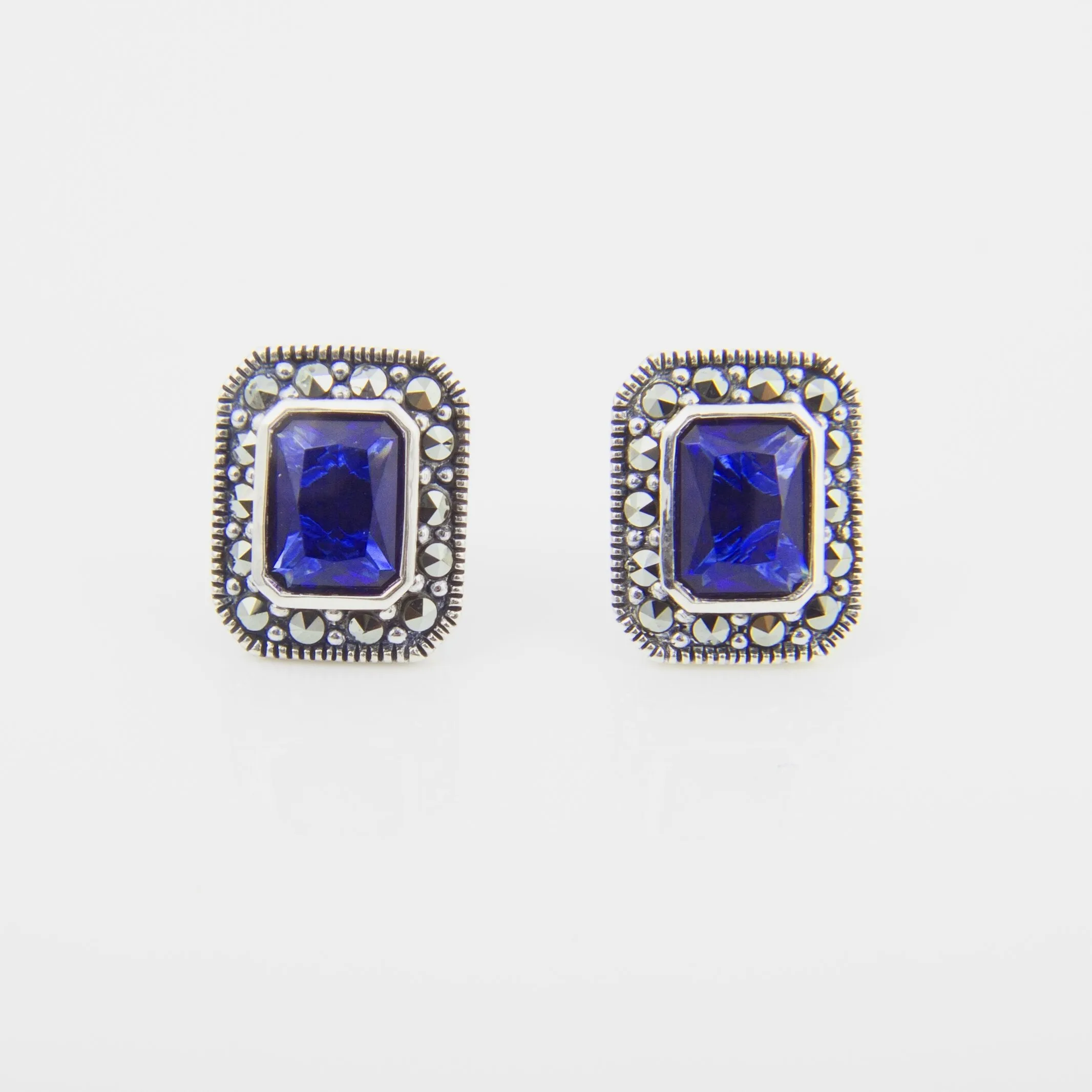 Silver Marcasite Sapphire Earrings Square Blue Crystal Studs