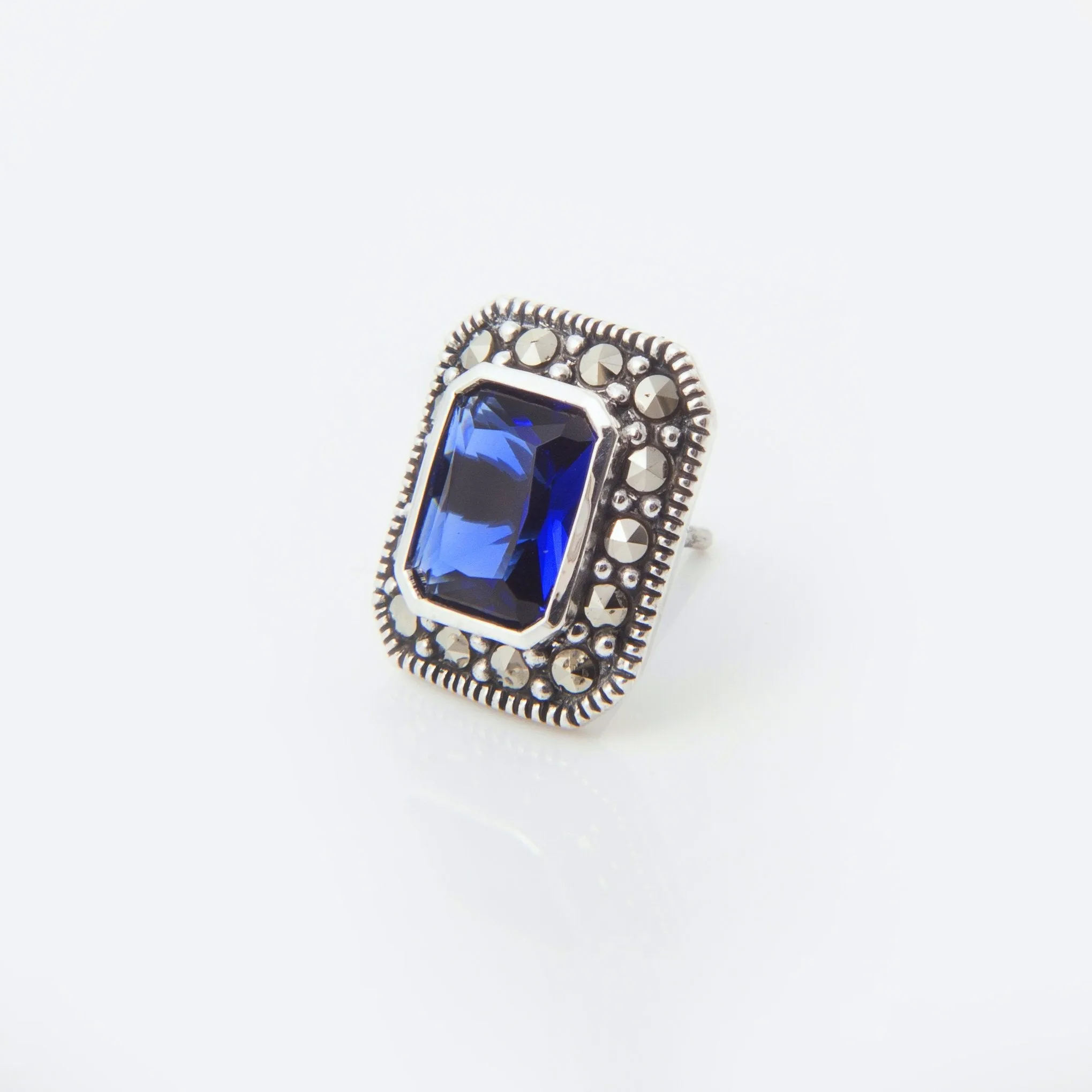 Silver Marcasite Sapphire Earrings Square Blue Crystal Studs