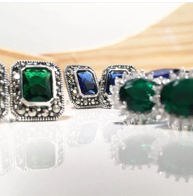 Silver Marcasite Sapphire Earrings Square Blue Crystal Studs