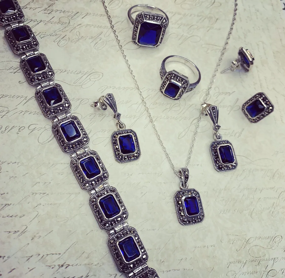Silver Marcasite Sapphire Earrings Square Blue Crystal Studs