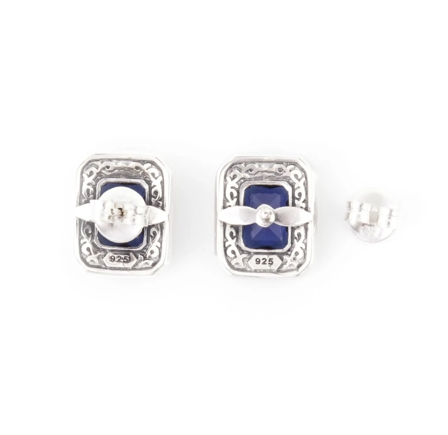 Silver Marcasite Sapphire Earrings Square Blue Crystal Studs