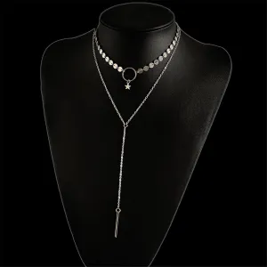 Silver-Plated Disc Star Layered Choker Necklace