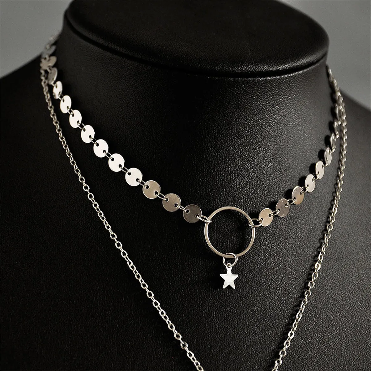 Silver-Plated Disc Star Layered Choker Necklace
