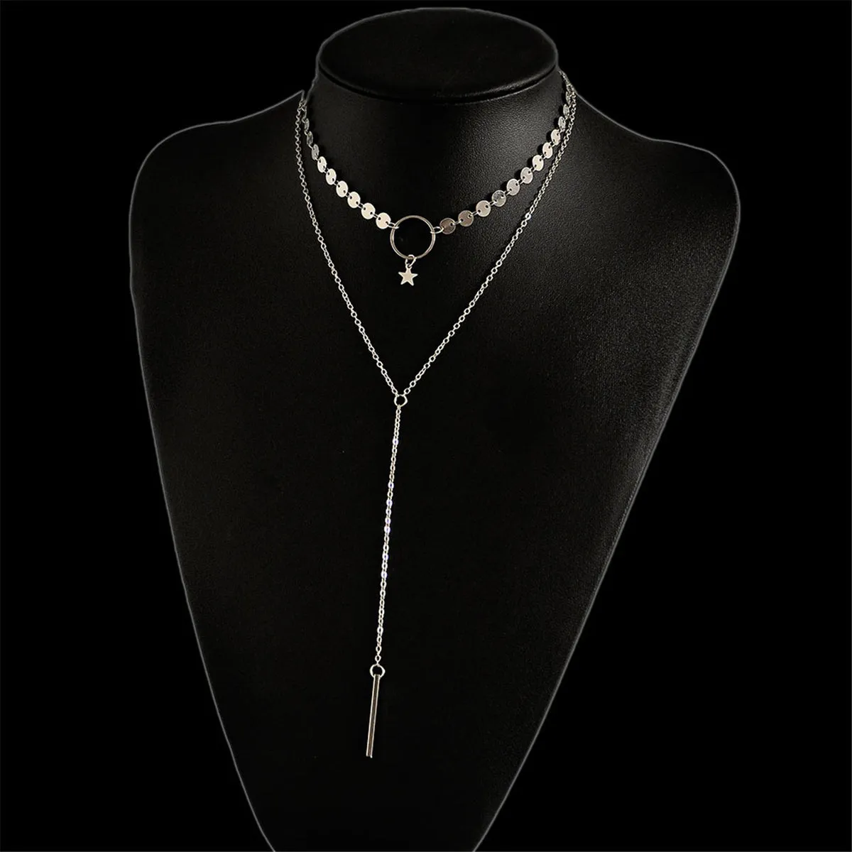 Silver-Plated Disc Star Layered Choker Necklace