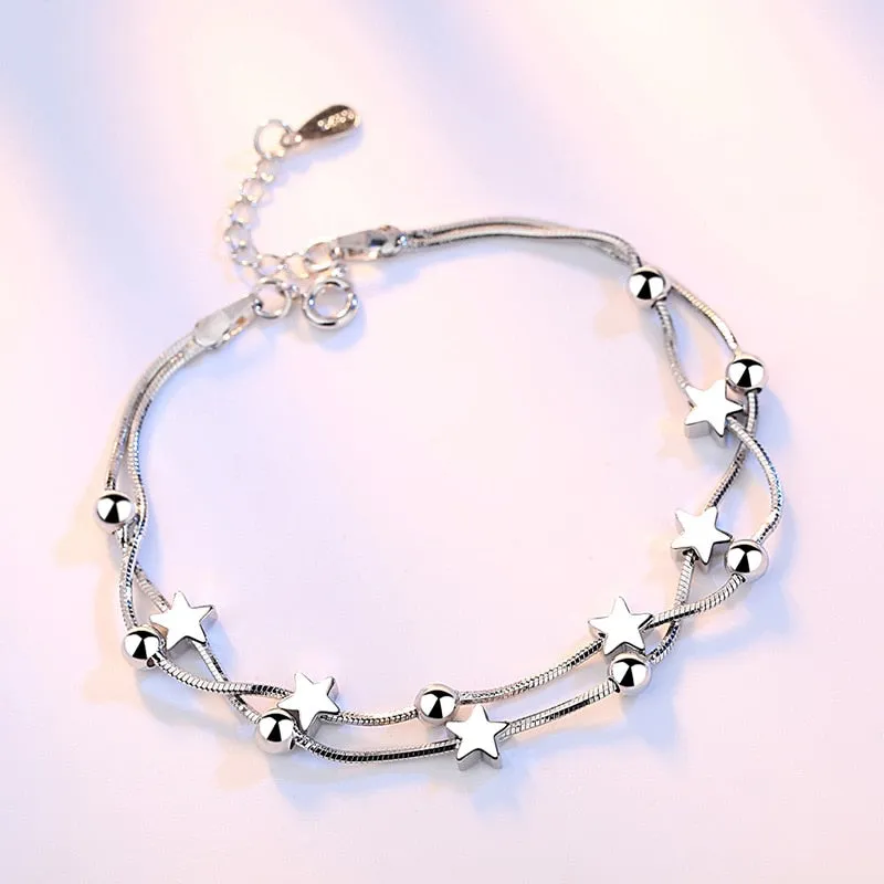 Silver Stars Charm Bracelet Link Chain Women Anniverssary Jewelry Gift