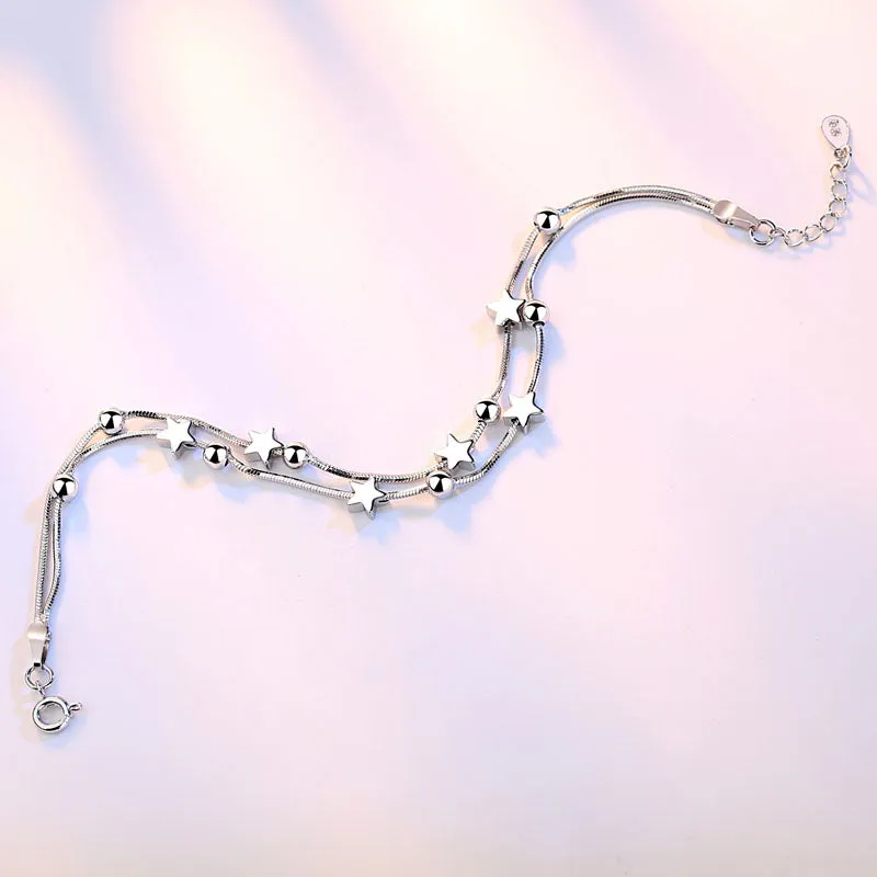 Silver Stars Charm Bracelet Link Chain Women Anniverssary Jewelry Gift