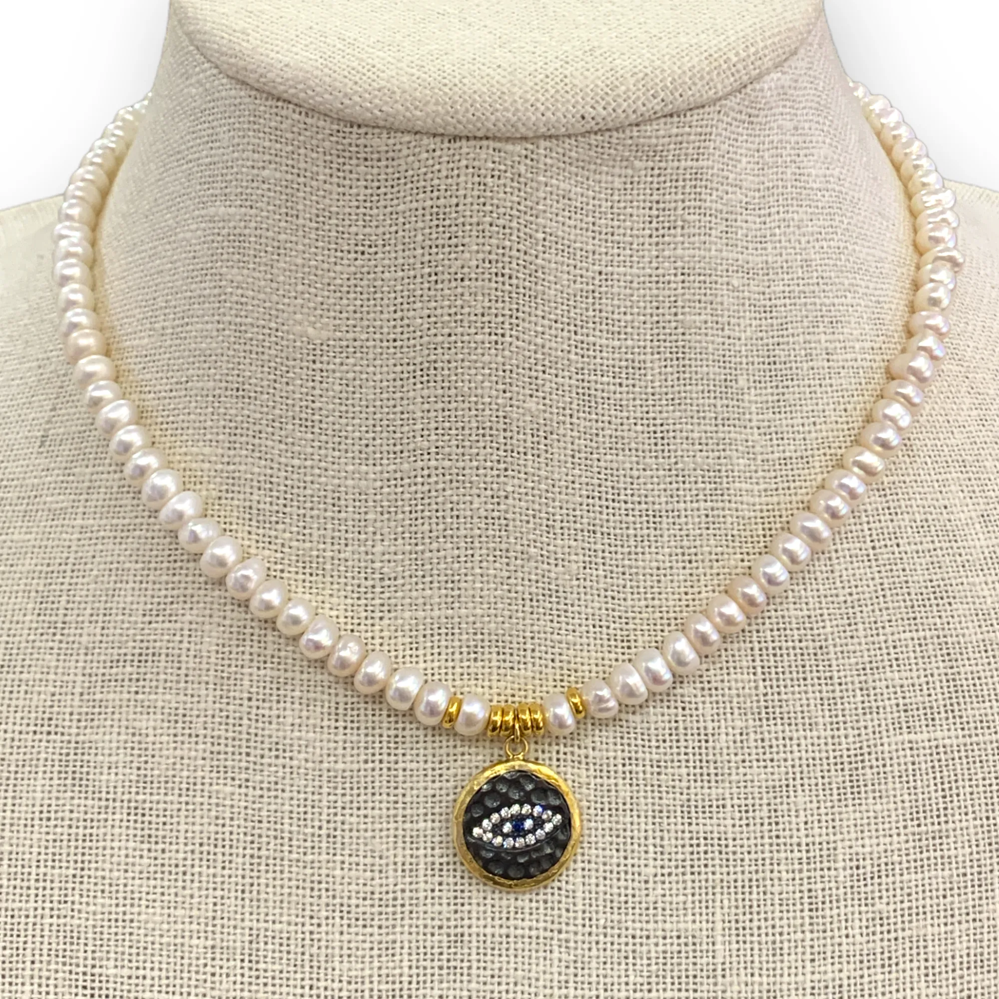 Small Freshwater Pearls w/ Evil Eye Pendant Choker