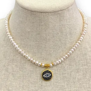 Small Freshwater Pearls w/ Evil Eye Pendant Choker