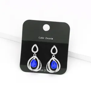 Small Sapphire Teardrop Encircled by Rhinestones Pageant Earrings | Interview Earrings |  557237