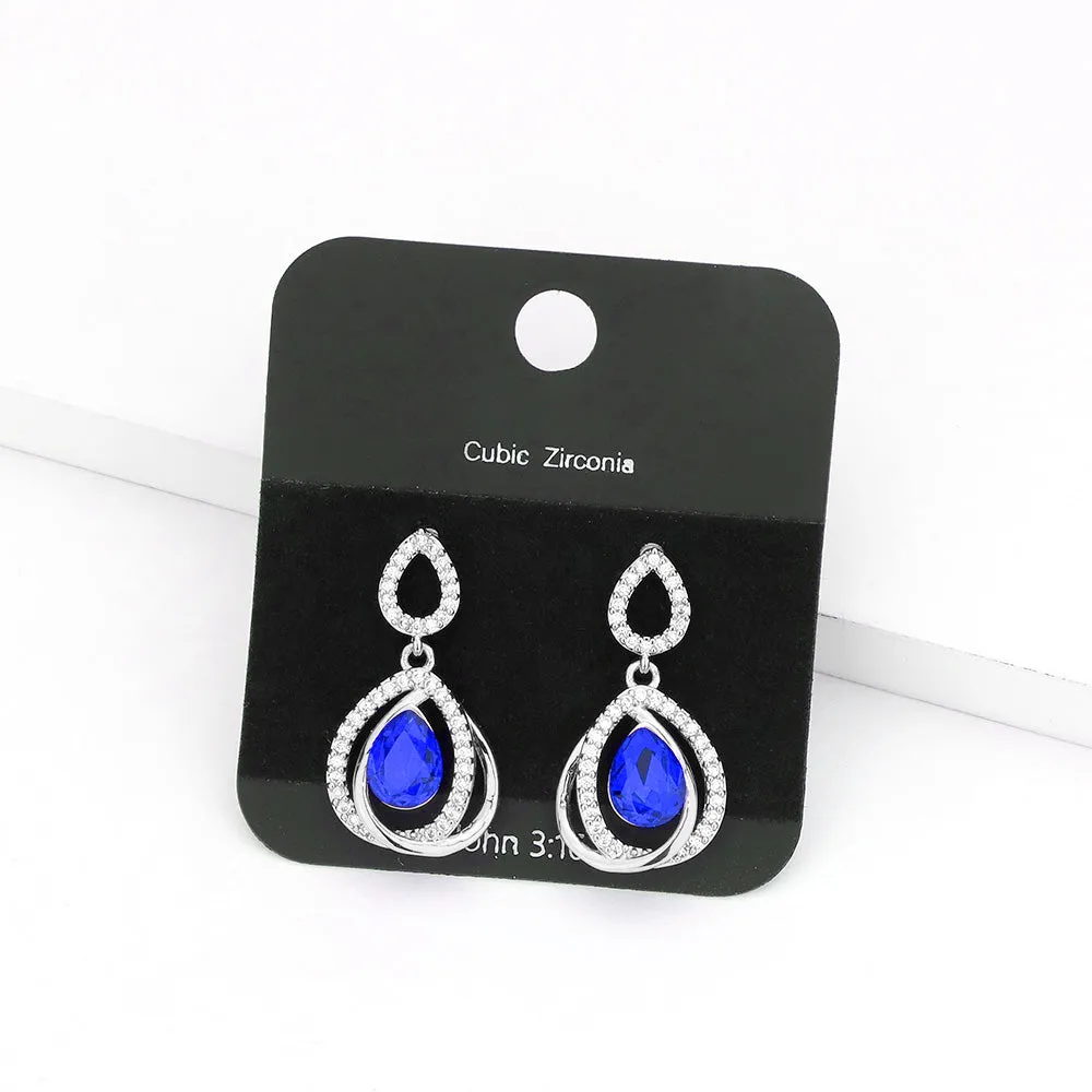 Small Sapphire Teardrop Encircled by Rhinestones Pageant Earrings | Interview Earrings |  557237