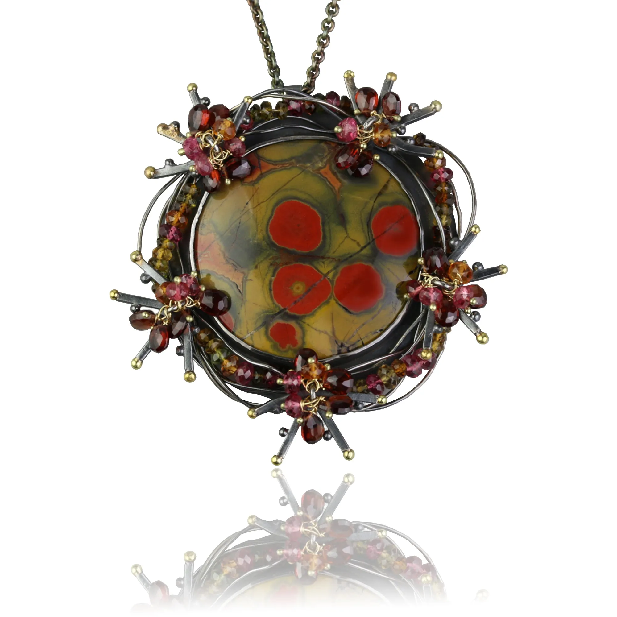 SOLD  Poppy Jasper Bramble Pendant with Woven Garnets and Tourmaline