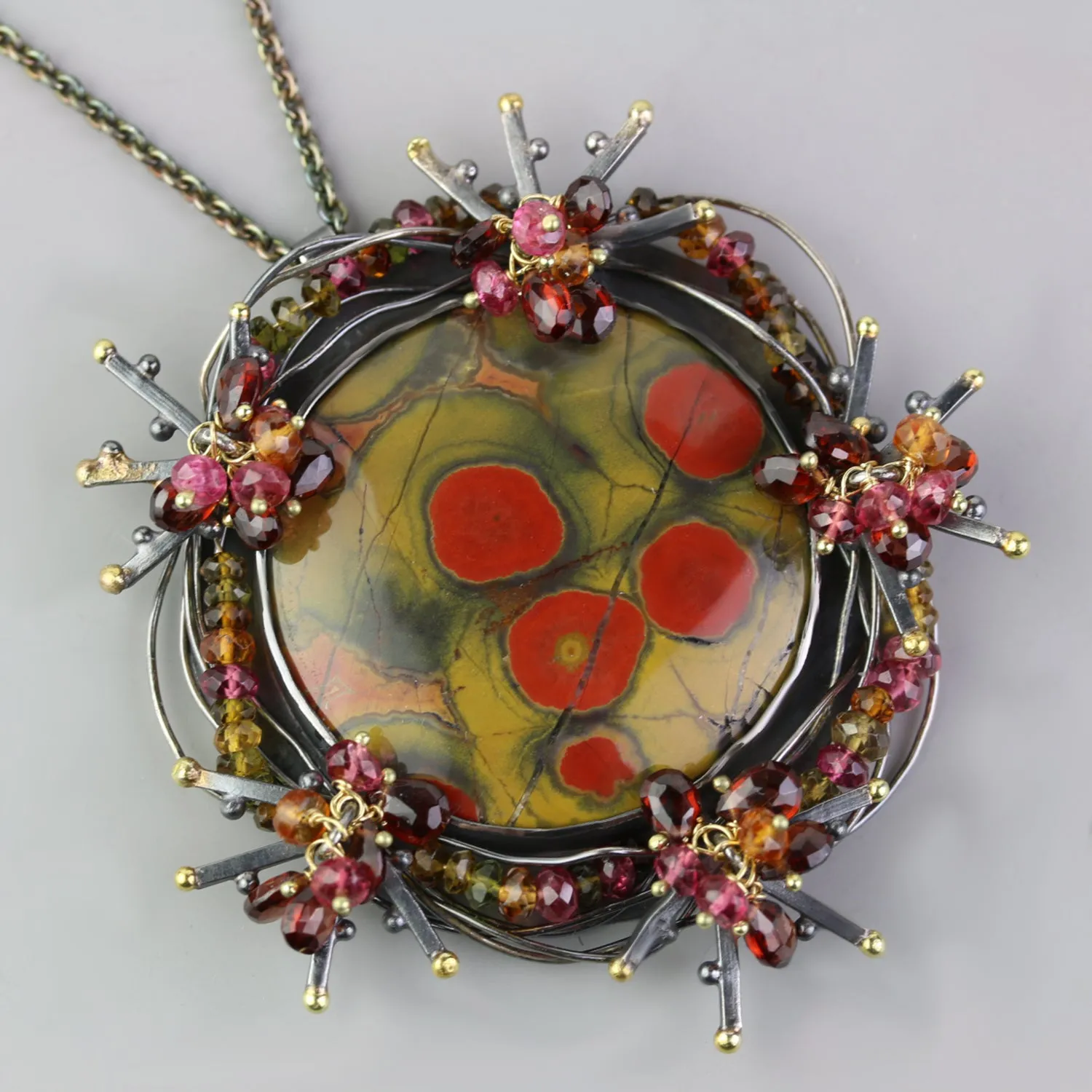 SOLD  Poppy Jasper Bramble Pendant with Woven Garnets and Tourmaline