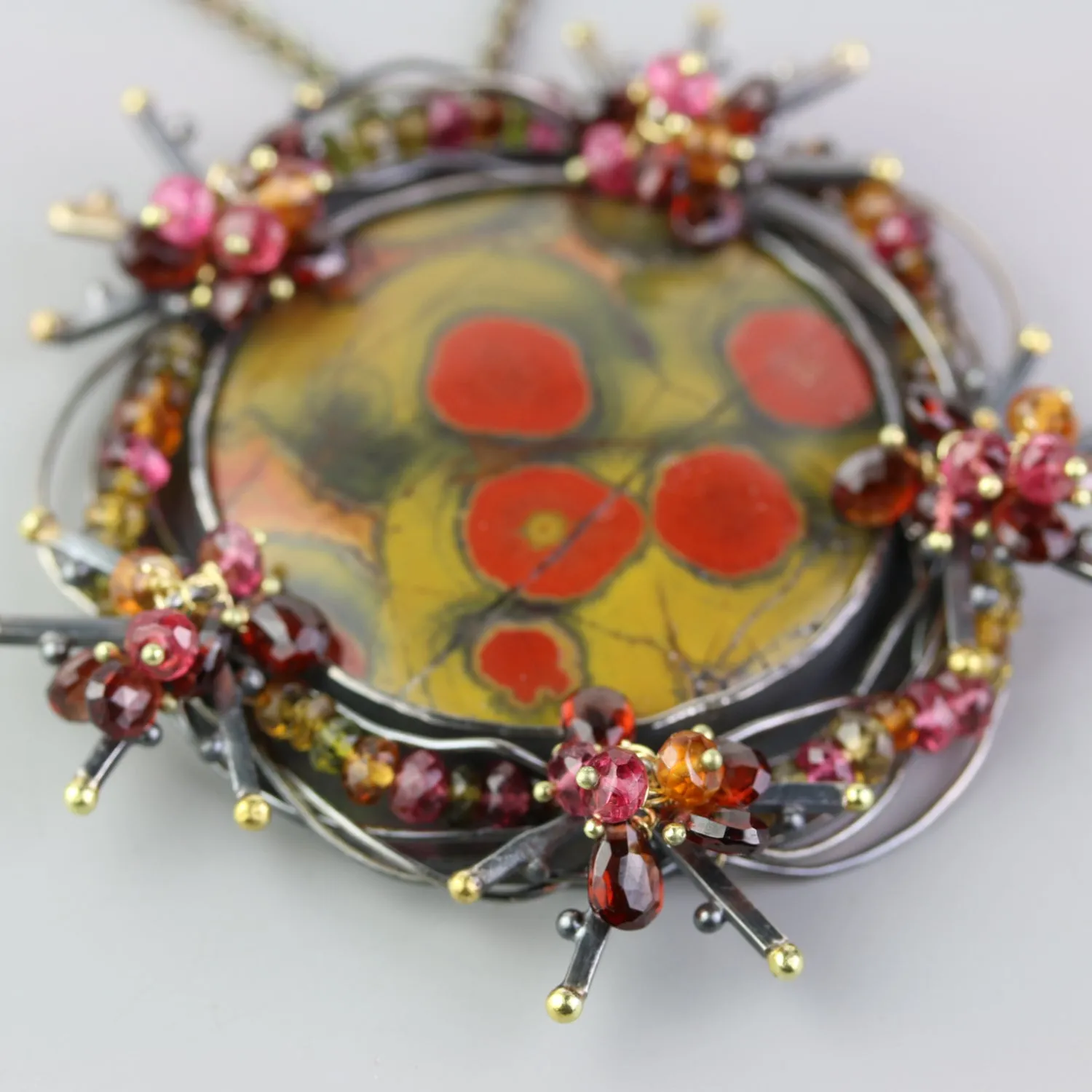 SOLD  Poppy Jasper Bramble Pendant with Woven Garnets and Tourmaline